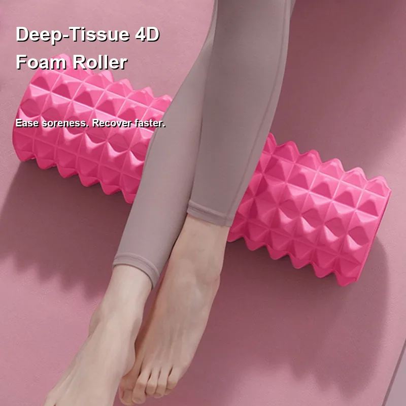 Woman using a pink foam roller for deep tissue calf massage