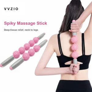 Spiky massage stick with 6 cm PVC balls being used on upper back