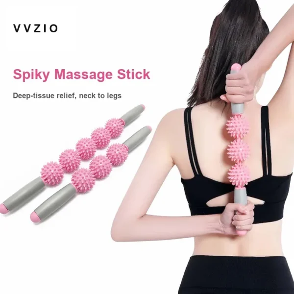 Spiky massage stick with 6 cm PVC balls being used on upper back