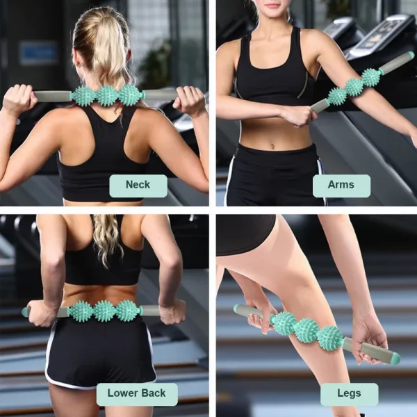 Using the spiky massage stick on neck, arms, lower back and legs