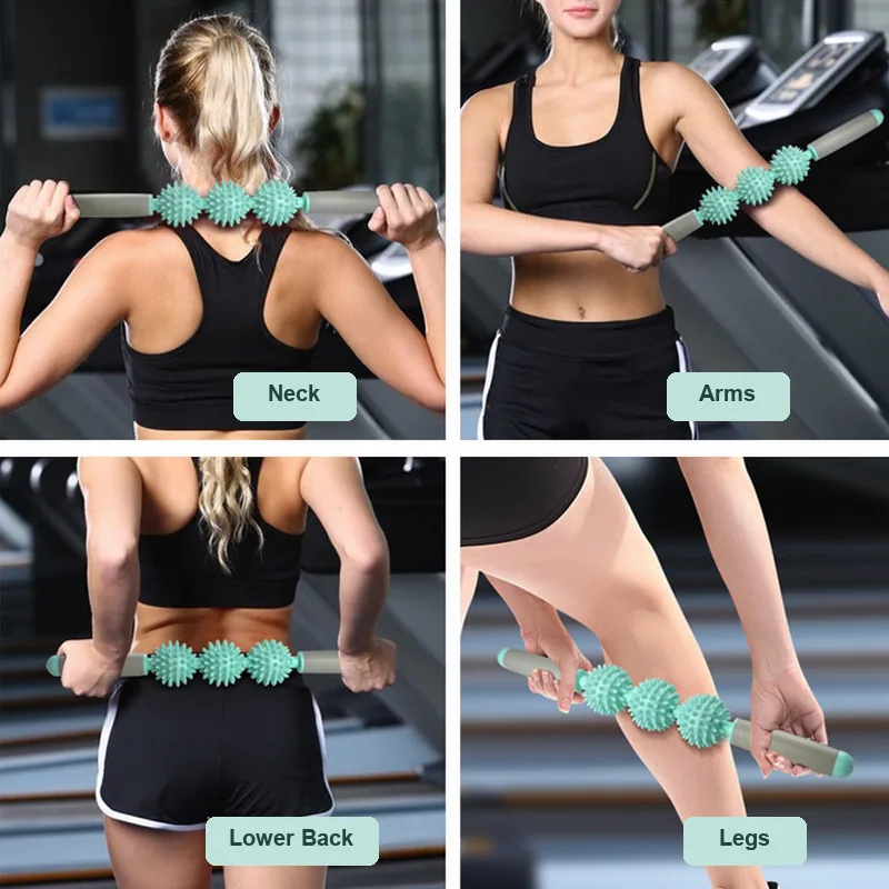 Using the spiky massage stick on neck, arms, lower back and legs