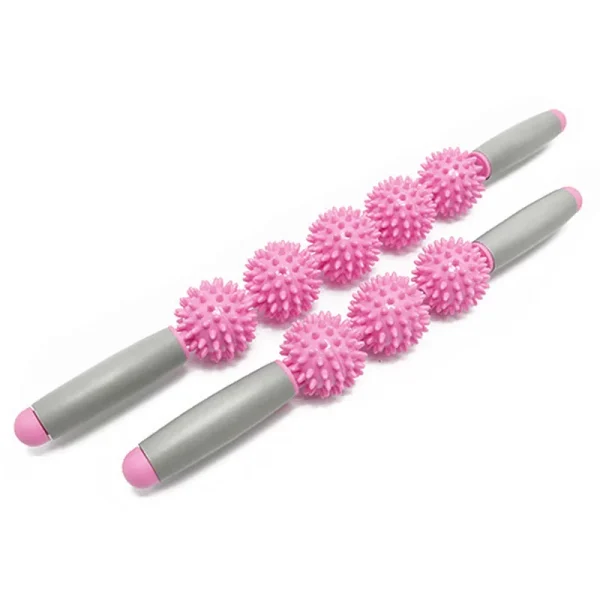 Pink spiky massage stick with gray handles on white background
