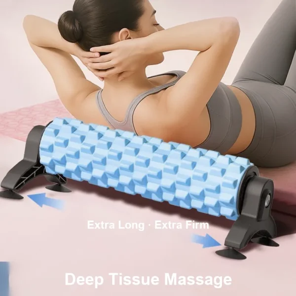 Blue EVA foam roller with suction-cup storage stand