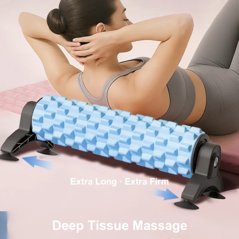 Blue EVA foam roller with suction-cup storage stand
