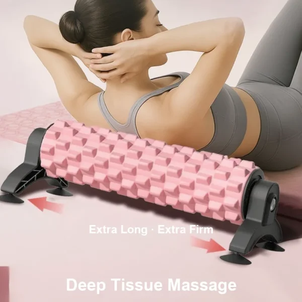 Pink EVA foam roller with suction-cup storage stand