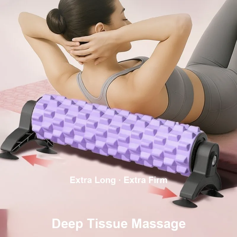 Purple EVA foam roller with suction-cup storage stand