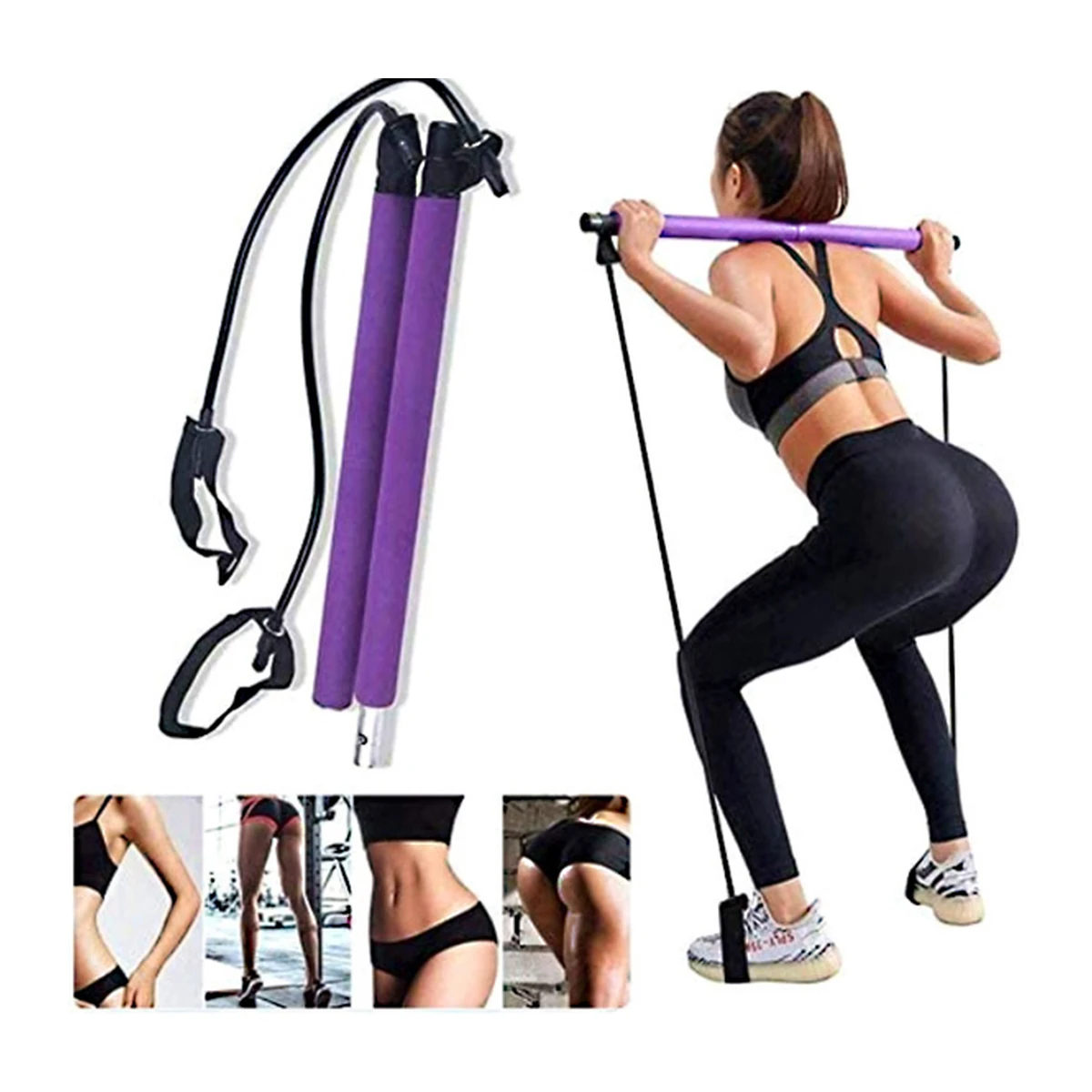Woman doing squats with a purple pilates bar